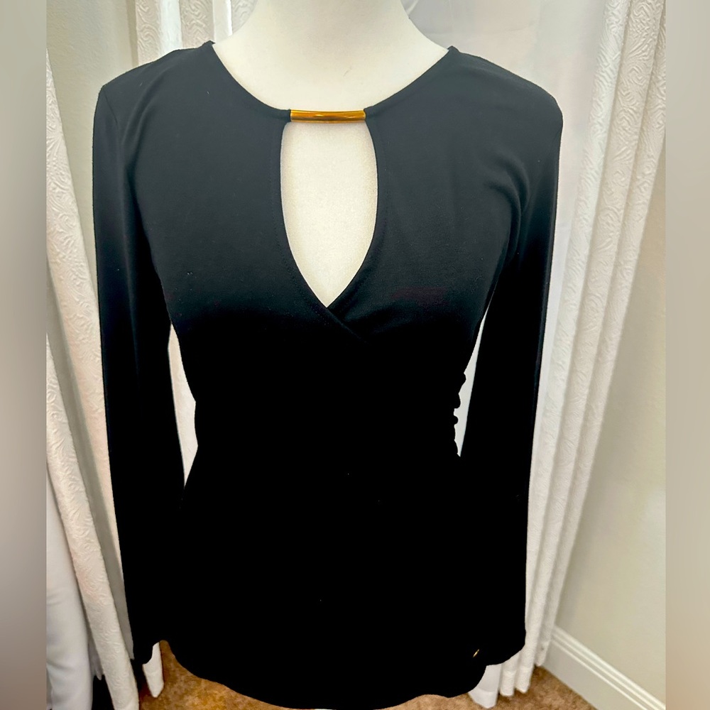 Guess fitted black blue with gold neck decor. Peekaboo shirt.